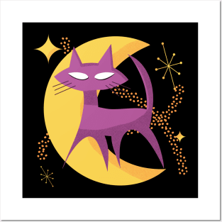 Atomic Cat in Moon Mid-Century Modern Halloween Scene Posters and Art